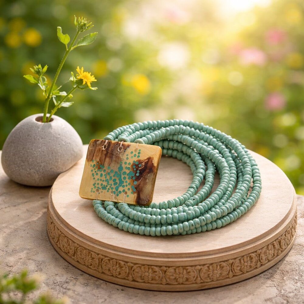 Turquoise Seed Beads with‎ Abalone Shell Stretch Bracelet